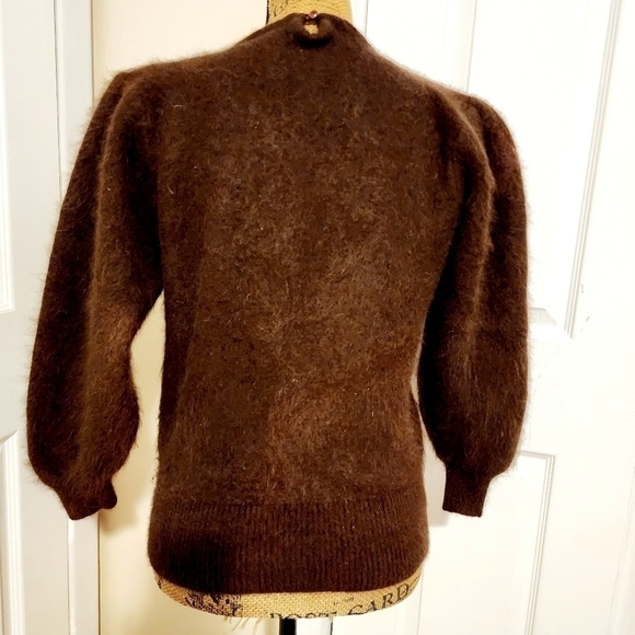 Vintage HF Genuine Fur Detailed Beaded Sweater Brown Soft Unique Balloon Sleeves - Picture 6 of 10